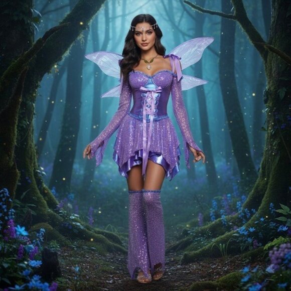 Dolls Kill Dresses & Skirts - NWT Dolls Kill Purple Fairy Sequin Corset Mini Dress Wings Garters Costume Rave